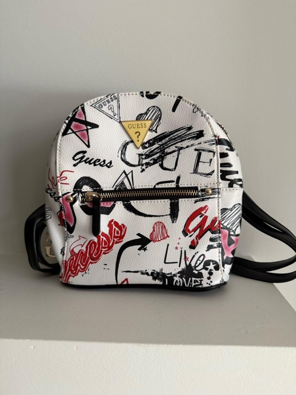 GUESS White Graffiti Mini Backpack with Red & Pink Accents